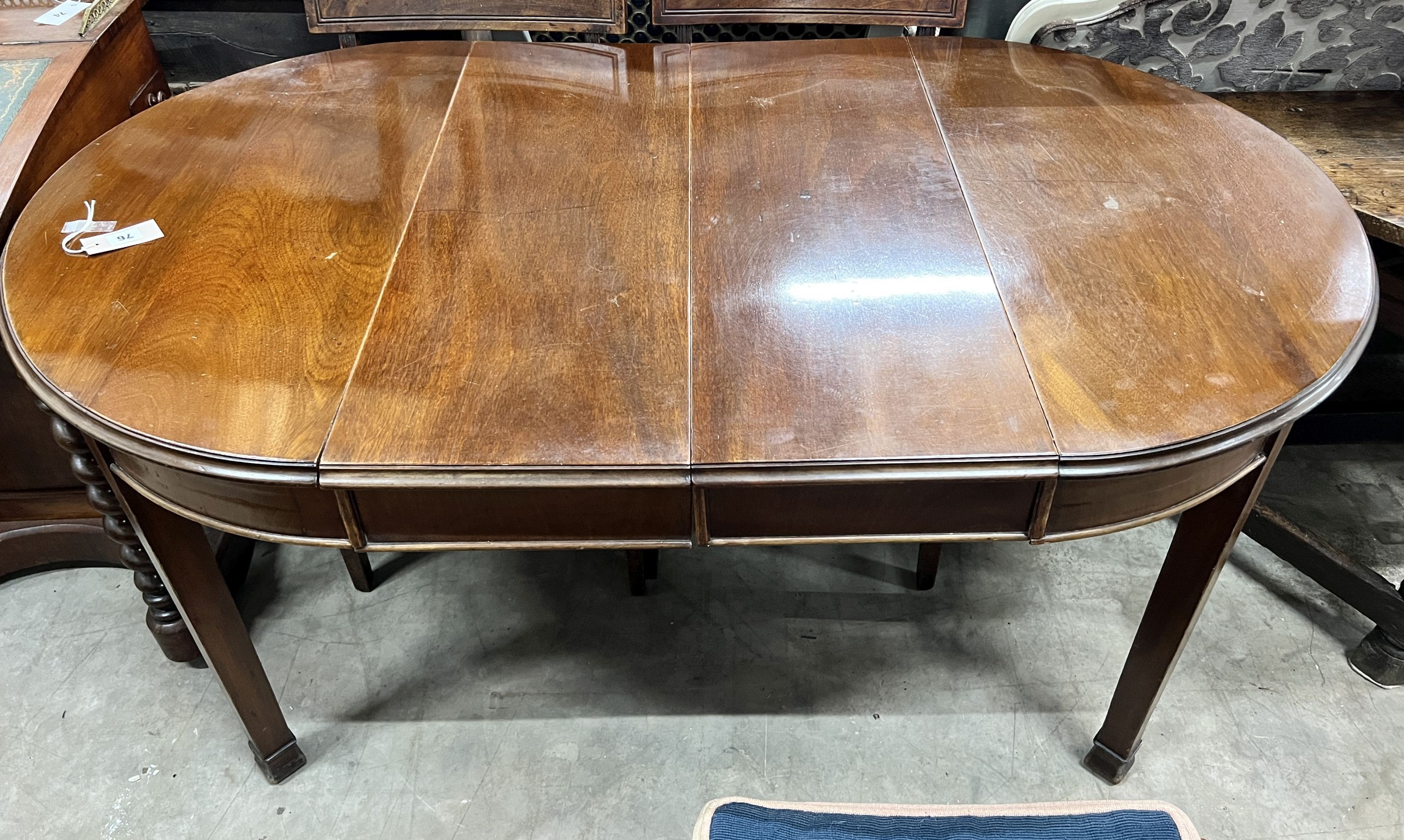 A late 19th century Georgian style D end extending dining table with extra leaves, on square tapering legs, length 140cm extended two spare leaves, width 83cm, height 77cm